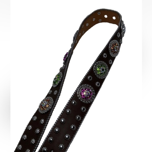 EUC Nocona Size M Western Belt Rhinestone Silver Studded Buckle Brown Leather - Picture 9 of 12